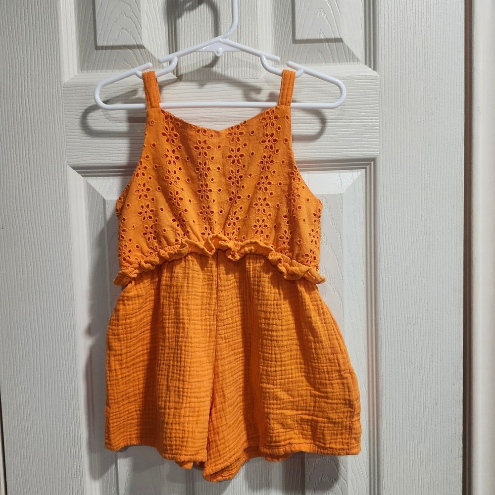Cupcakes and Cashmere Girls Orange Eyelet Gauze Romper Size 5/6 Cutout Back